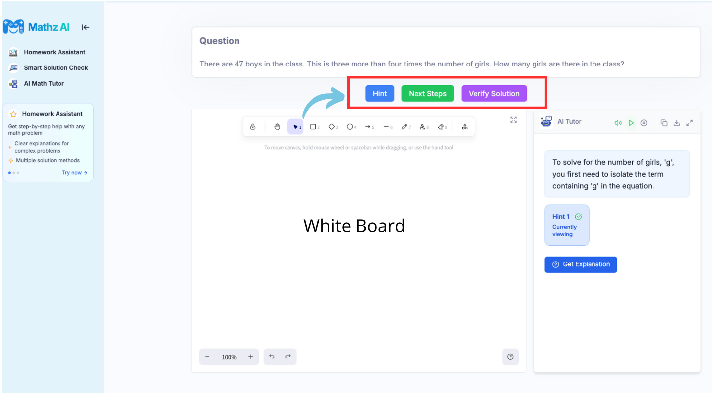 Screenshot of Mathz AI AI Math Tutor interaction