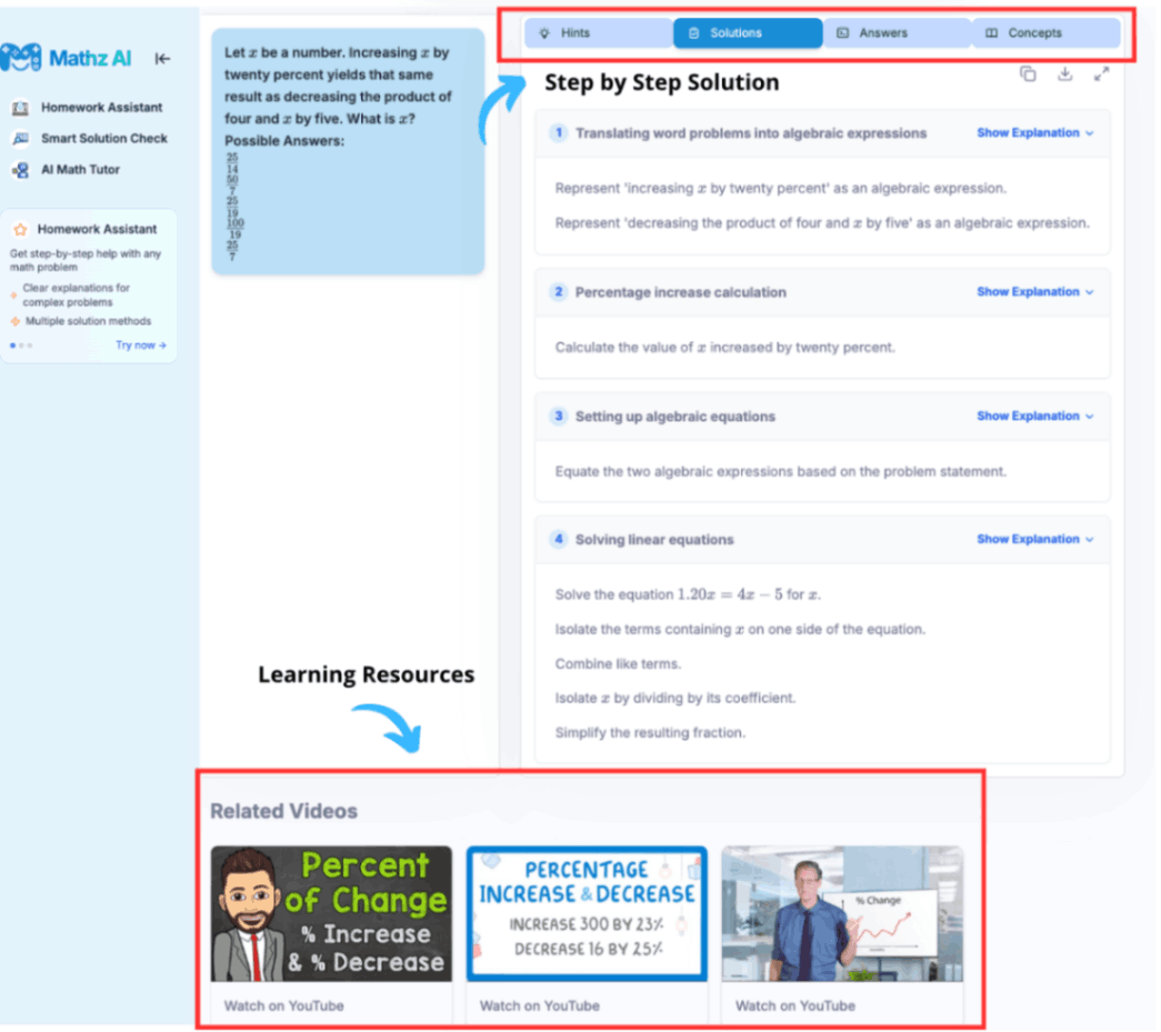 Screenshot of Mathz AI Homework Assistant