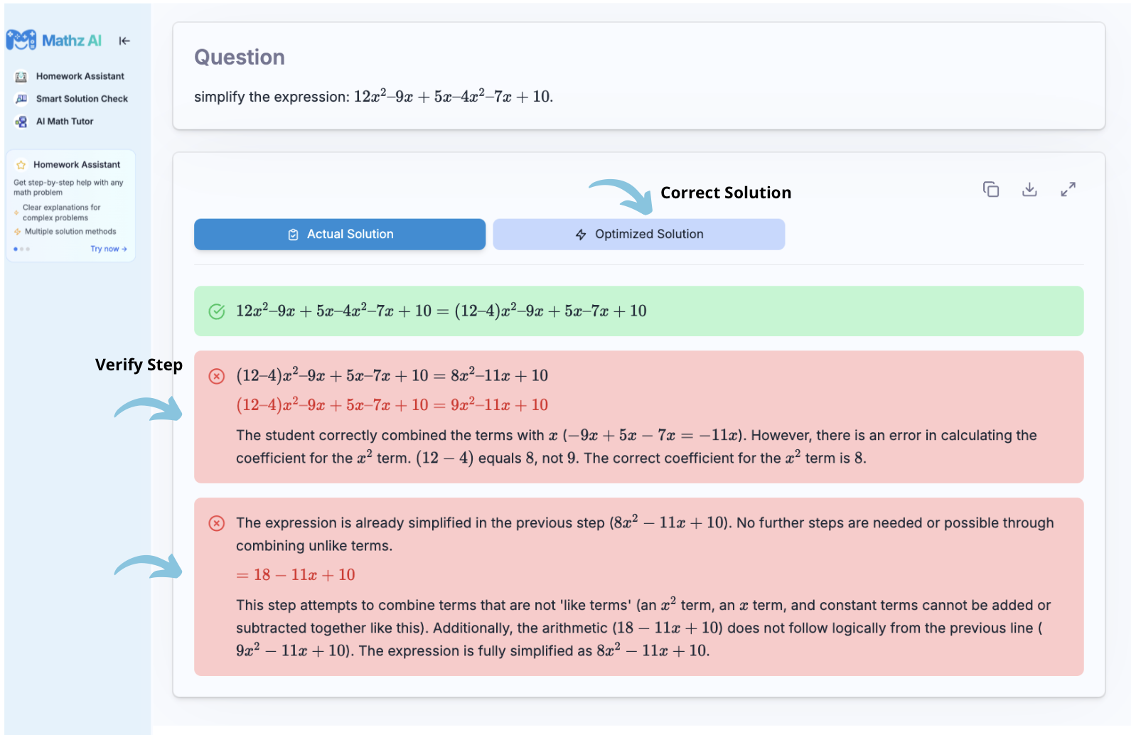 Screenshot of Mathz AI Smart Solution Check
