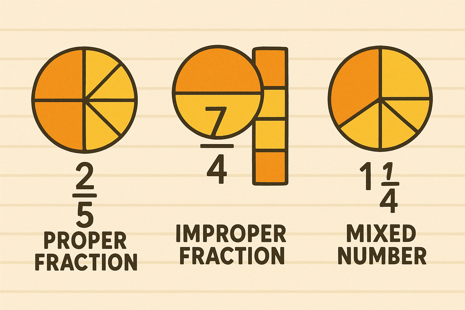 Different types of fractions illustrated